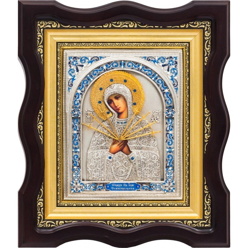 Ікона "Образ Пресвятої Богородиці Семистрільної" зі срібла в фігурній рамі від компанії Іконна лавка - фото 1