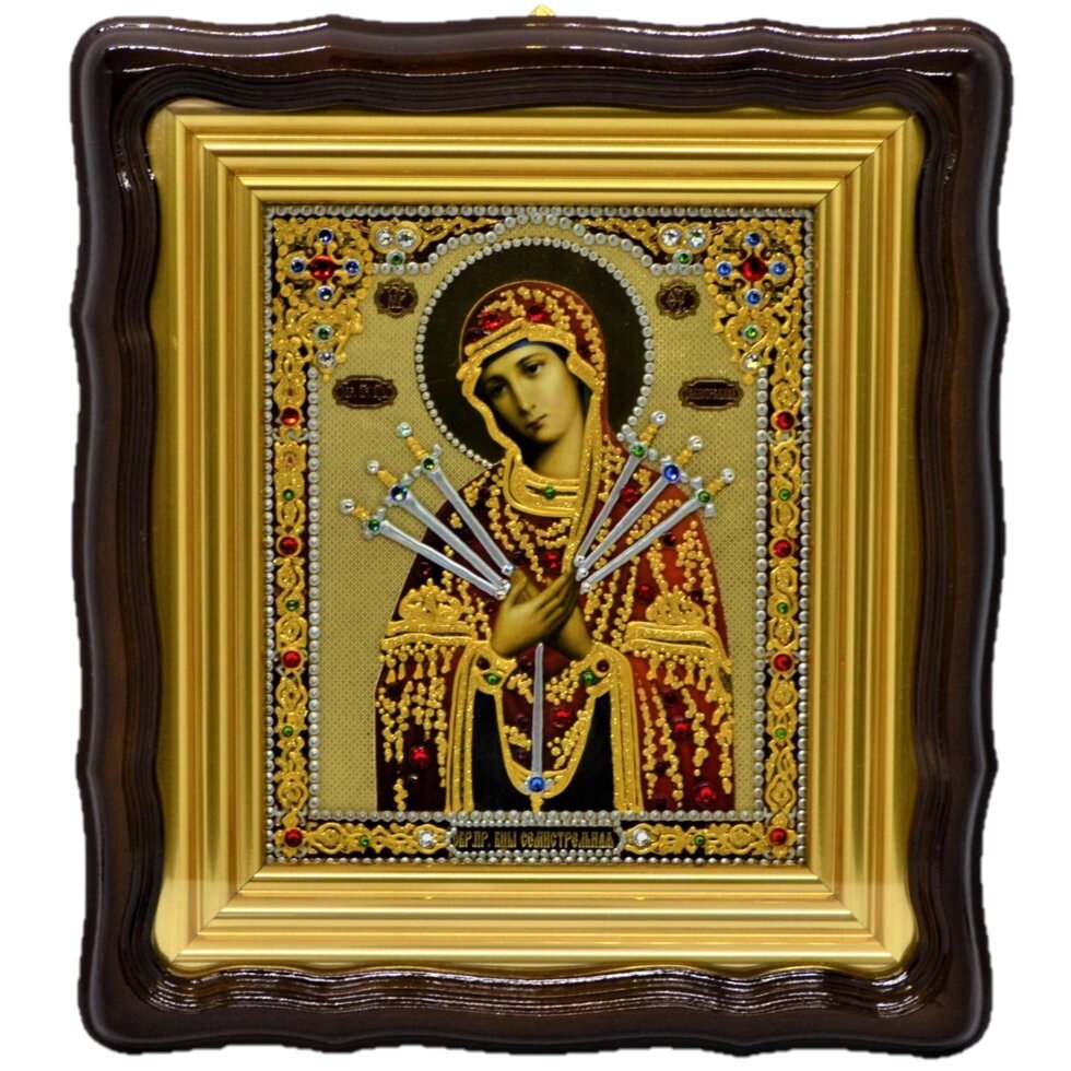 Ікона Пресвята Богородиця Семистрільна письмо по склу з каміннями Саровські 26х23 см від компанії Іконна лавка - фото 1