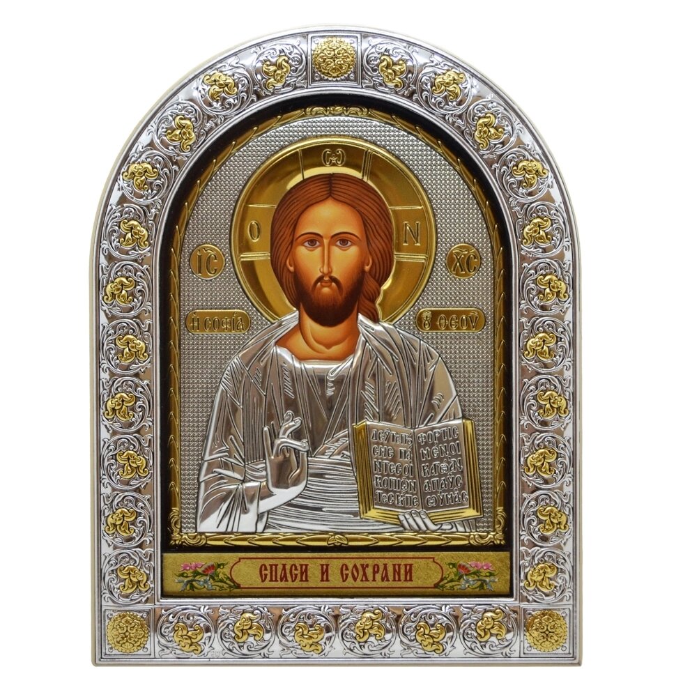 Ікона "Спаситель" грецька на шкіряній основі коричнева 12х15см від компанії Іконна лавка - фото 1
