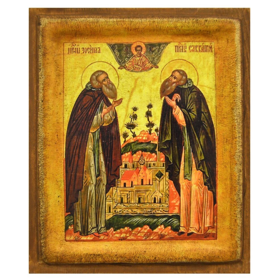 Ікона "Святі Зосима та Савват Соловецькі" на дереві 11х9 см від компанії Іконна лавка - фото 1