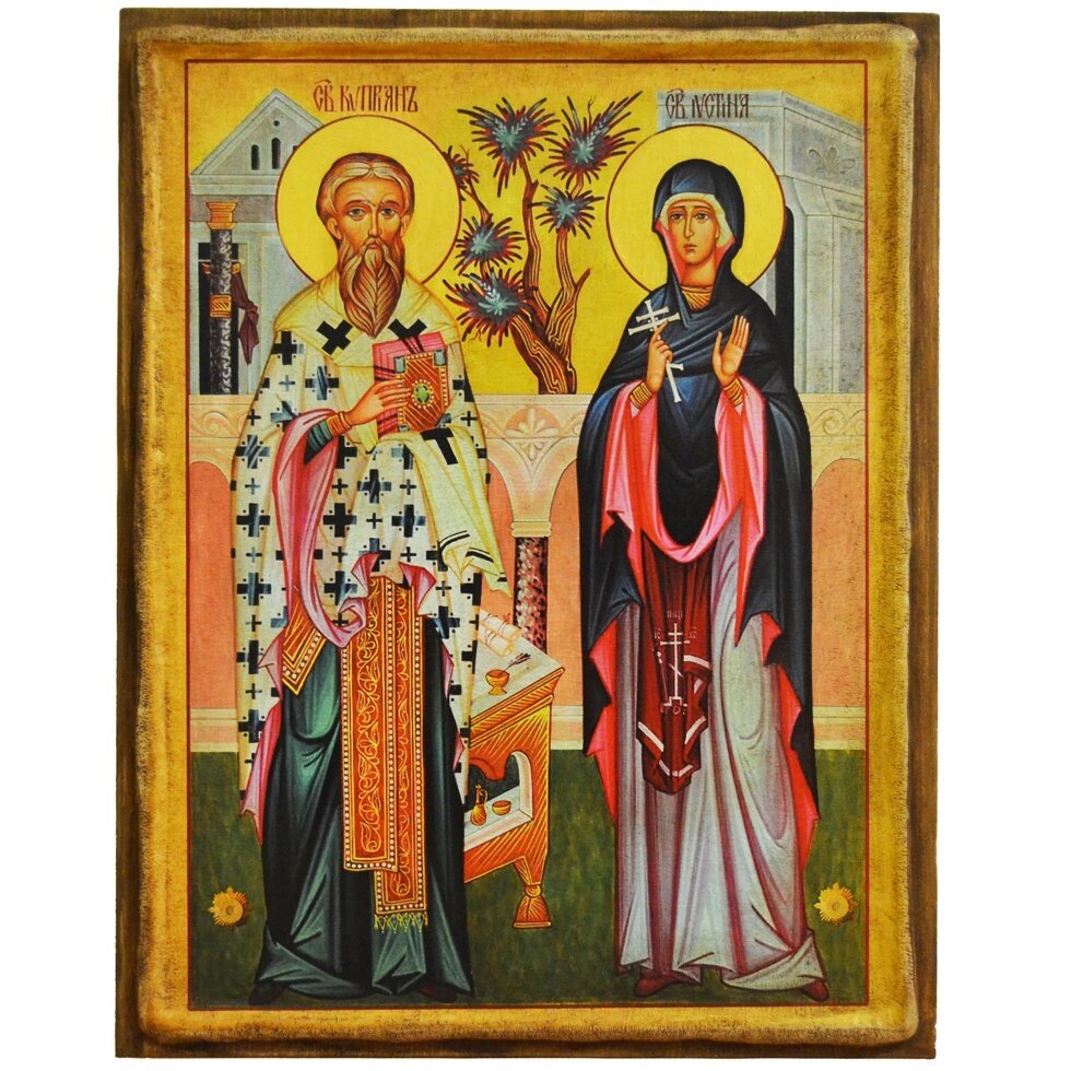 Ікона "Святий Кіпріан і Свята Юстинія" на дереві 11х9 см від компанії Іконна лавка - фото 1