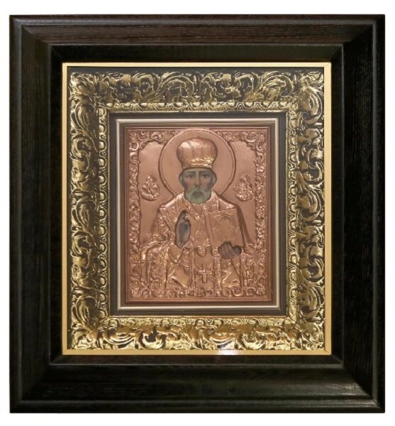 Ікона "Святий Миколай Чудотворець" в мідному окладі карбування від компанії Іконна лавка - фото 1