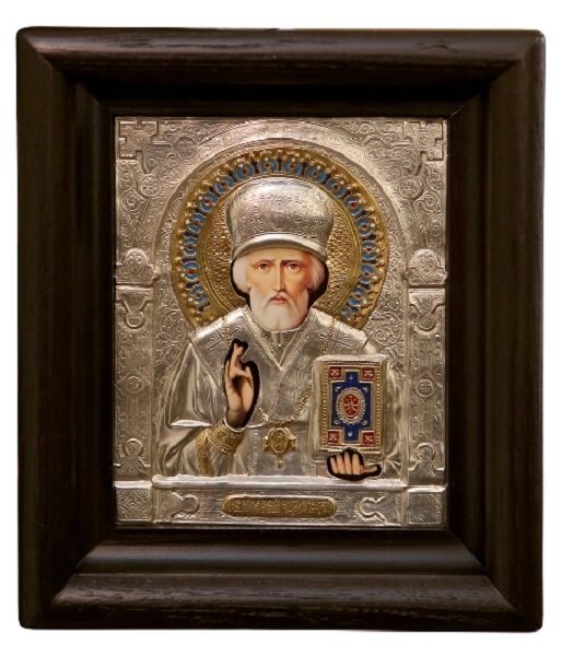 Ікона "Святий Миколай Чудотворець" в мідному окладі з емалями і позолотою від компанії Іконна лавка - фото 1
