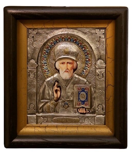 Ікона "Святий Миколай Чудотворець" в мідному окладі з емалями від компанії Іконна лавка - фото 1