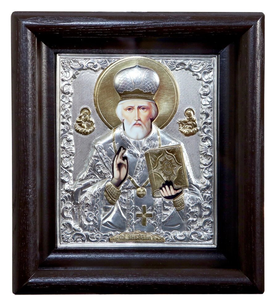 Ікона "Святий Миколай Чудотворець" в мідному окладі з позолотою 24х21см від компанії Іконна лавка - фото 1
