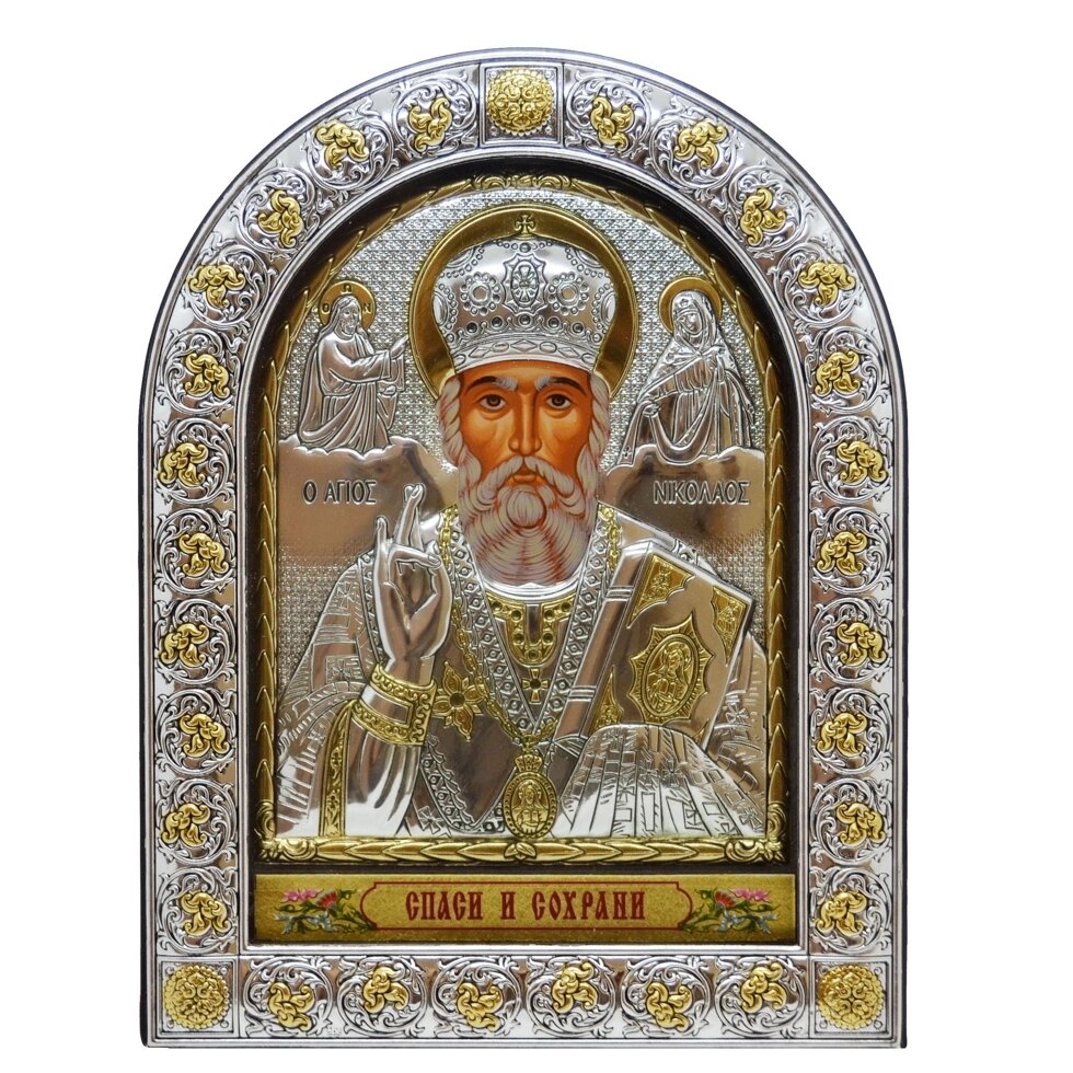 Ікона "Святий Миколай" грецька на шкіряній основі коричнева 16х21см від компанії Іконна лавка - фото 1