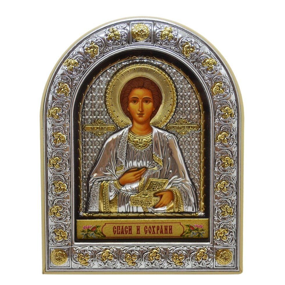 Ікона "Святий Пантелеймон" грецька на шкіряній основі бежева 12х15см від компанії Іконна лавка - фото 1