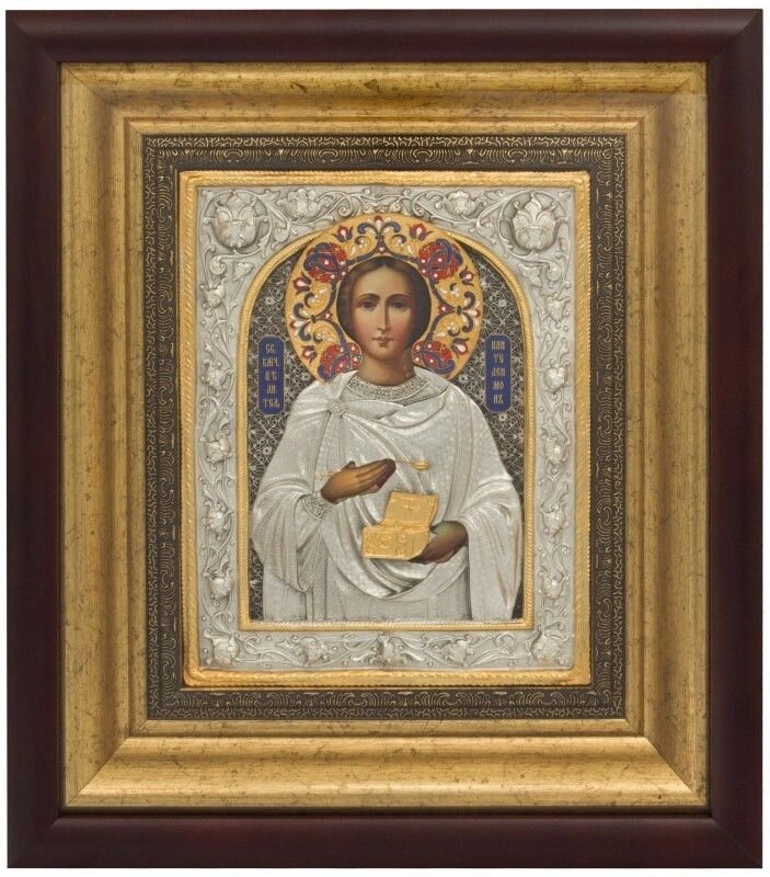 Ікона "Святий великомученик і цілитель Пантелеймон" зі срібла 32х28см від компанії Іконна лавка - фото 1