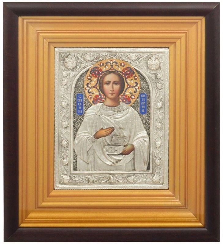 Ікона "Святий великомученик і цілитель Пантелеймон" зі срібла 33х28см від компанії Іконна лавка - фото 1