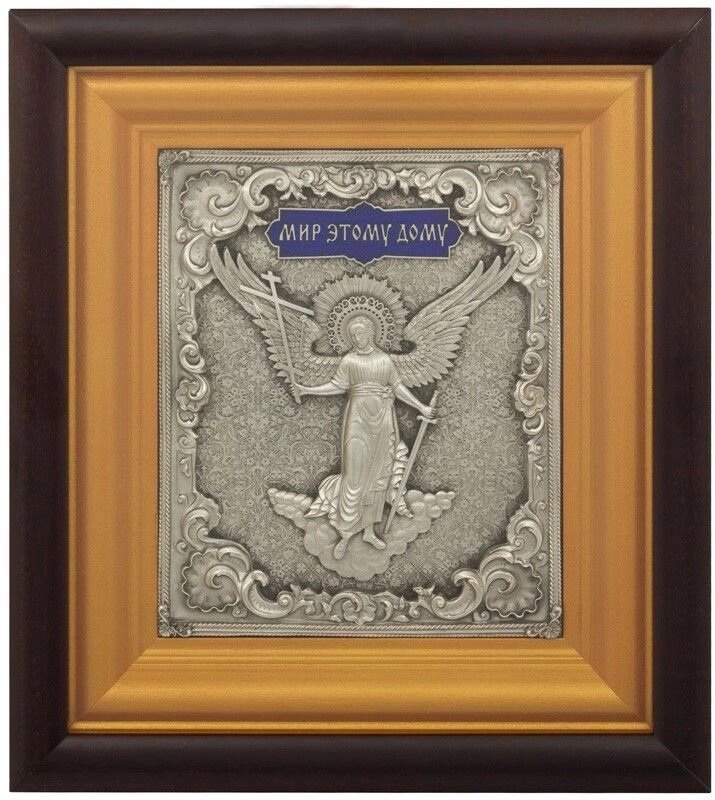 Ікона "Янгол Охоронець" з написом "Мир вашому дому" зі срібла від компанії Іконна лавка - фото 1