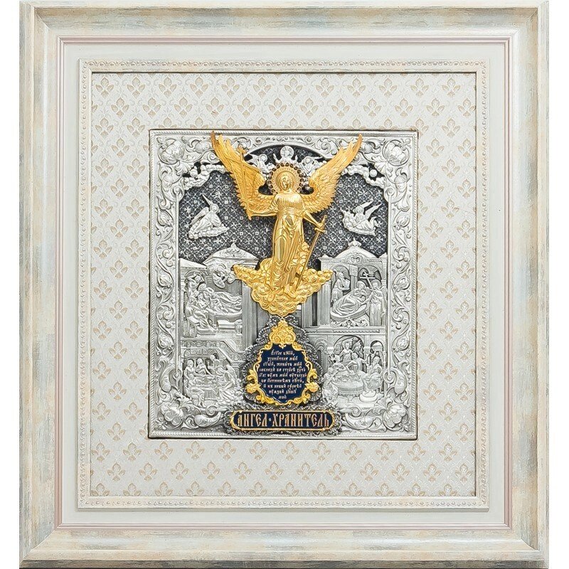 Ікона "Янгол Охоронець" зі срібла на тканинному фоні велика від компанії Іконна лавка - фото 1