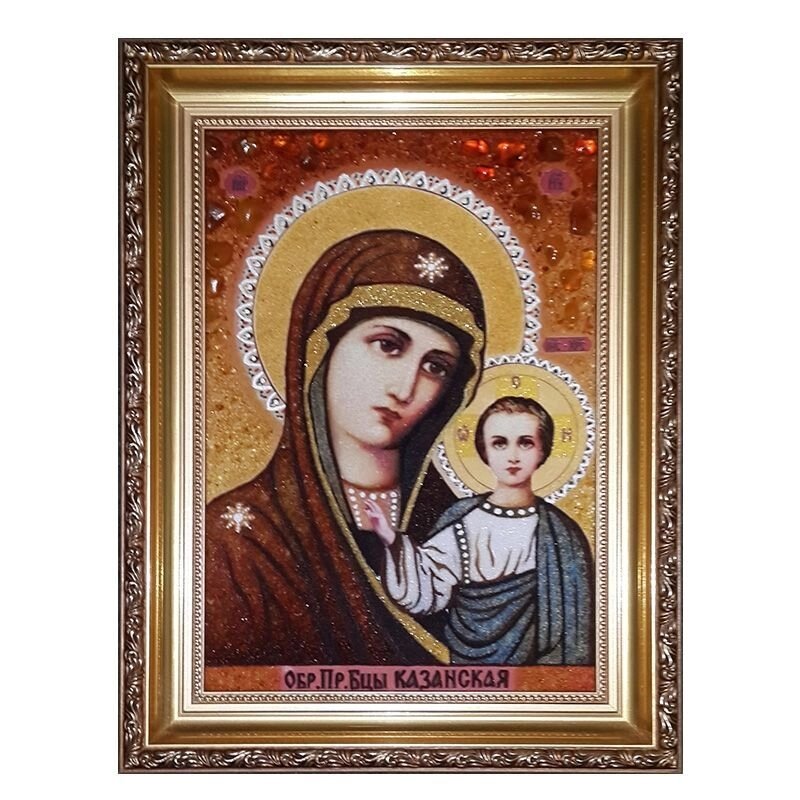 Ікона з бурштину Образ Пресвятої Богородиці Казанська 15x20 см від компанії Іконна лавка - фото 1