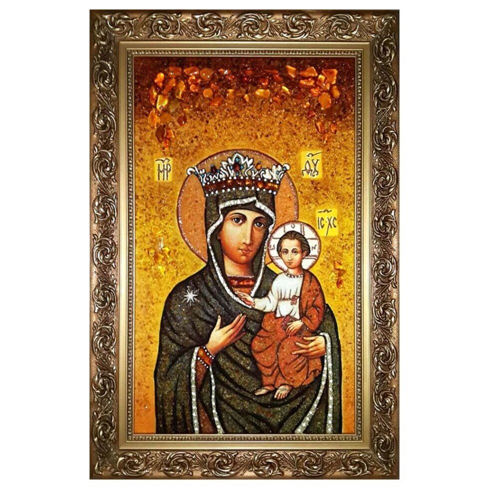 Ікона з бурштину "Образ Пресвятої Богородиці Милосердна (Юровічская)" 15x20 см від компанії Іконна лавка - фото 1