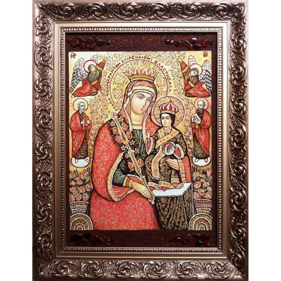 Ікона з бурштину "Образ Пресвятої Богородиці Нев'янучий цвіт" 15x20 см від компанії Іконна лавка - фото 1