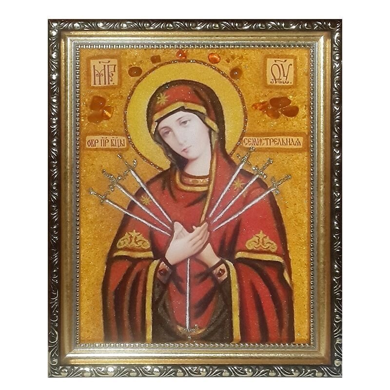 Ікона з бурштину Образ Пресвятої Богородиці Семистрільна 15x20 см від компанії Іконна лавка - фото 1