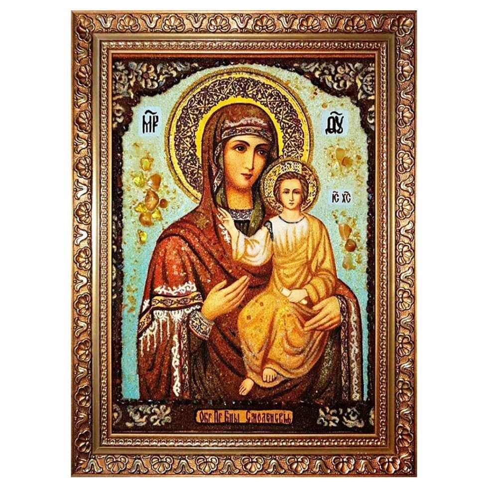 Ікона з бурштину "Образ Пресвятої Богородиці Смоленська" 15x20 см від компанії Іконна лавка - фото 1