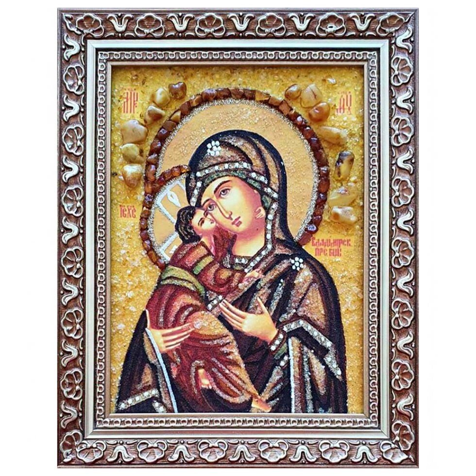 Ікона з бурштину "Образ Пресвятої Богородиці Володимирська" 15x20 см від компанії Іконна лавка - фото 1