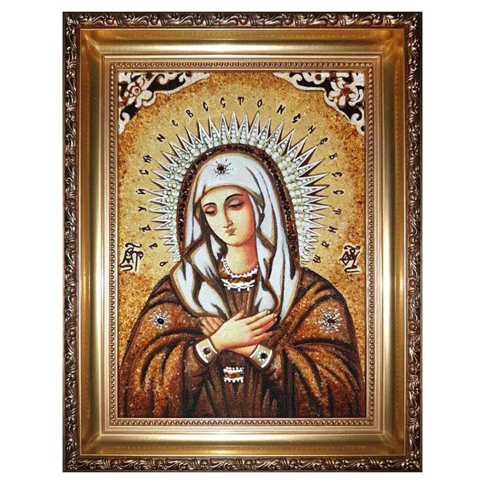Ікона з бурштину Образ Пресвятої Богородиці Замилування 15x20 см від компанії Іконна лавка - фото 1