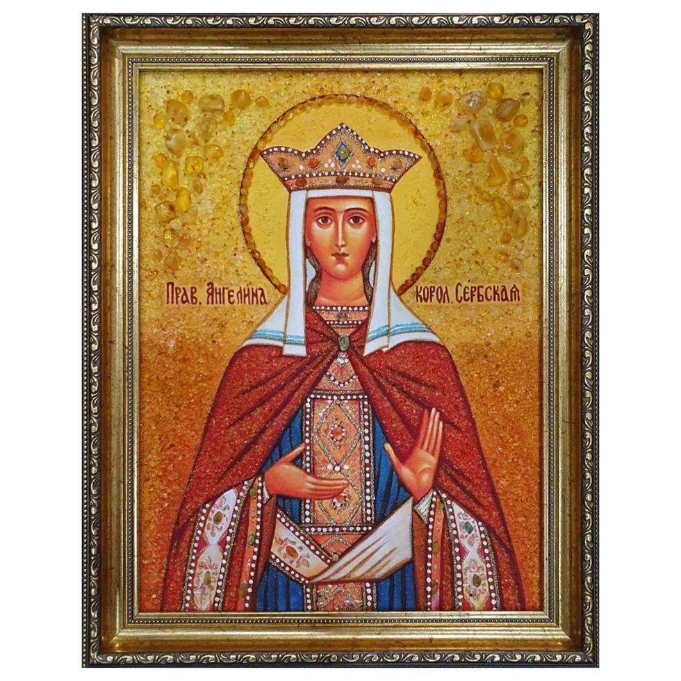 Ікона з бурштину "Праведна Ангеліна королева Сербська" 15x20 см від компанії Іконна лавка - фото 1