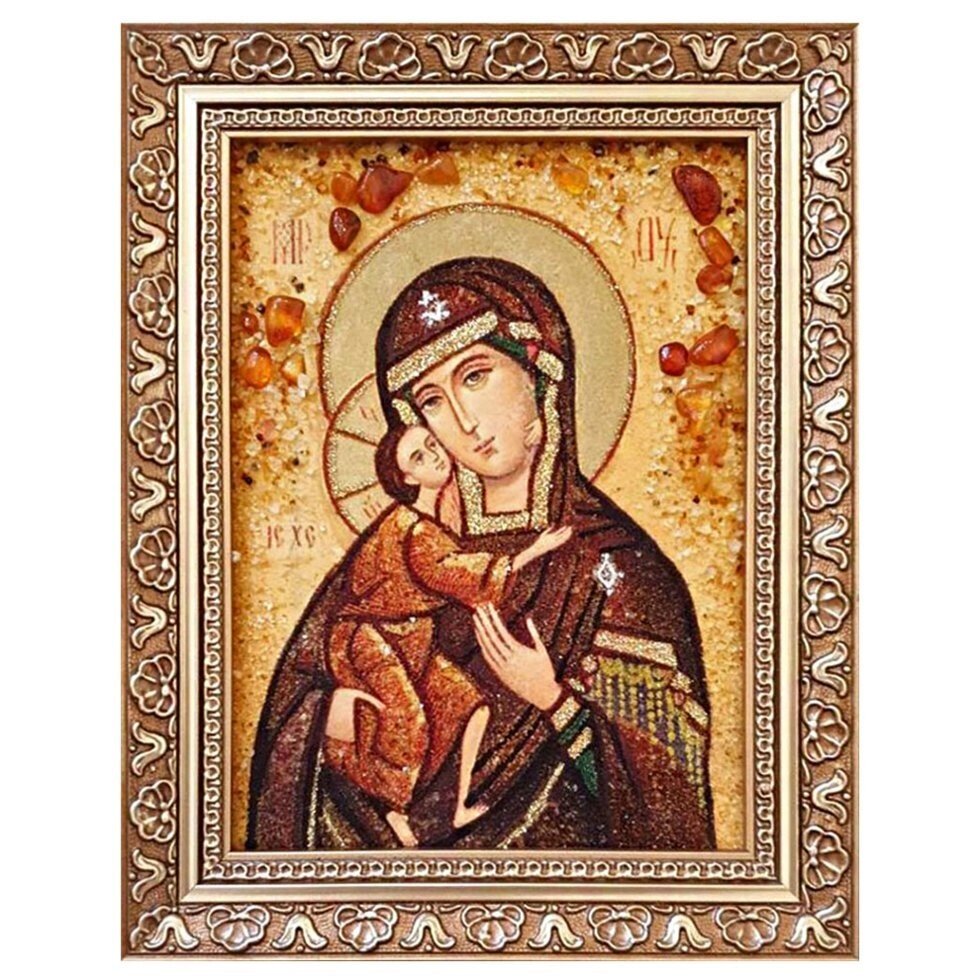 Ікона з бурштину "Пресвята Богородиця Феодоровская" 15x20 см від компанії Іконна лавка - фото 1