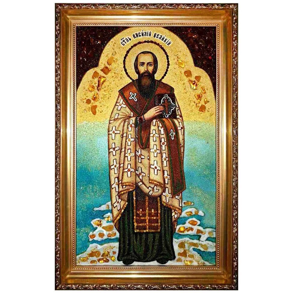 Ікона з бурштину Св. Василій Великий 15x20 см від компанії Іконна лавка - фото 1