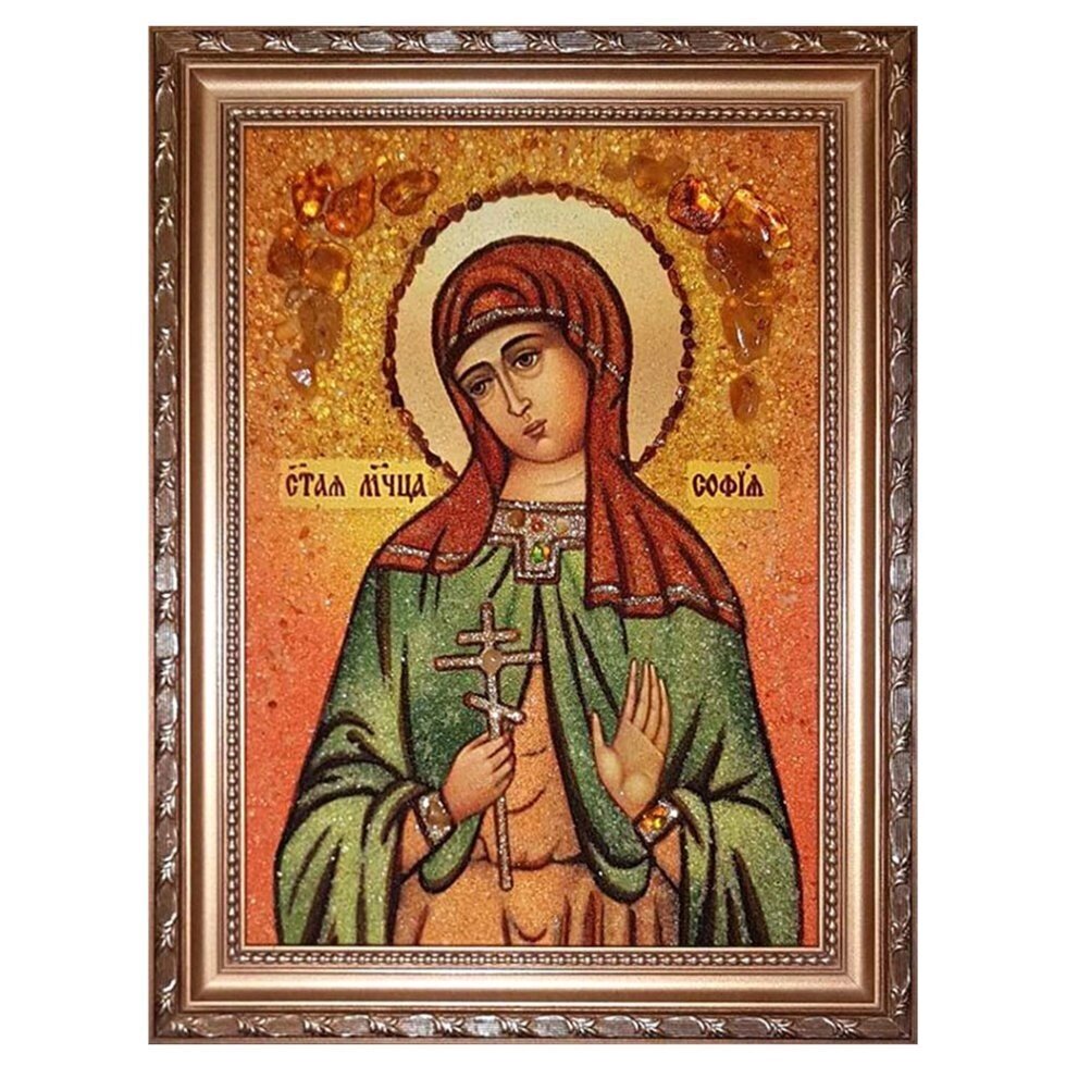 Ікона з бурштину "Свята мучениця Софія" 15x20 см від компанії Іконна лавка - фото 1