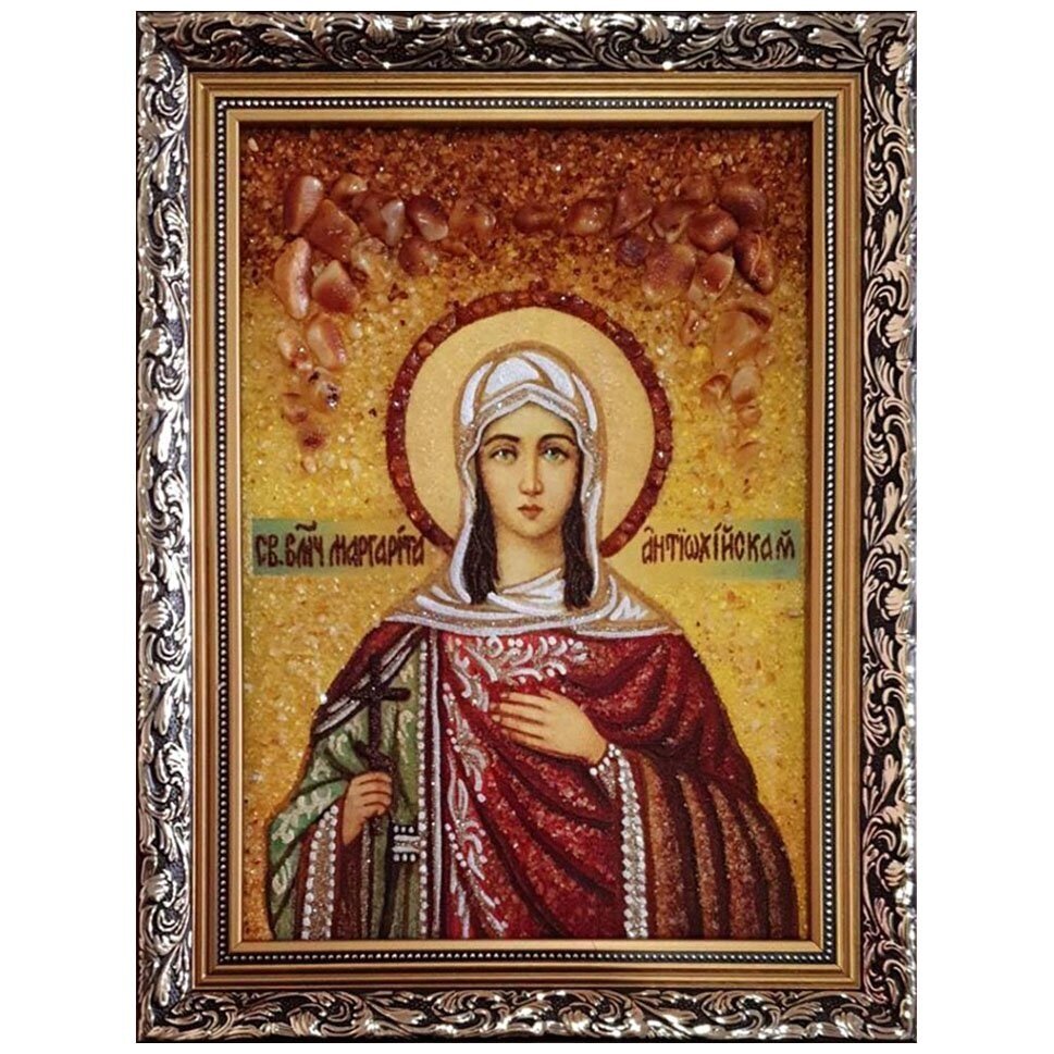 Ікона з бурштину "Свята великомучениця Маргарита Антіохійська" 15x20 см від компанії Іконна лавка - фото 1
