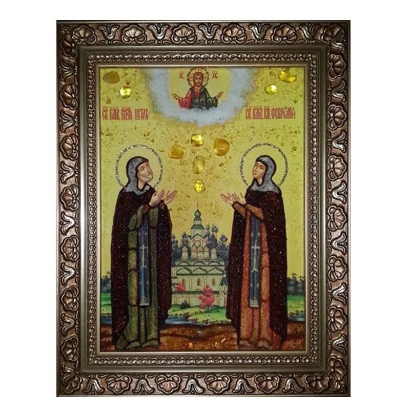 Ікона з бурштину Святі князь Петро і княгиня Февронія 15x20 см від компанії Іконна лавка - фото 1