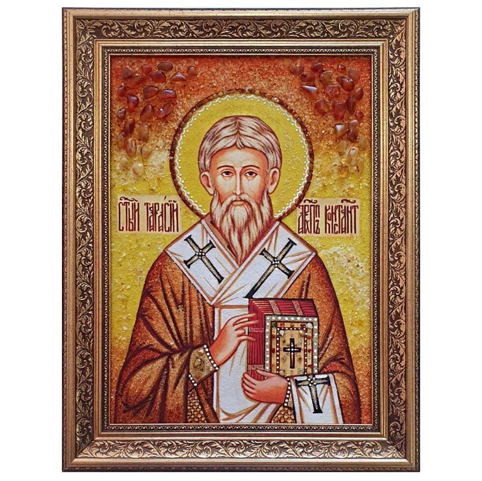 Ікона з бурштину "Святитель Тарасій архієпископ Константинопольський" 15x20 см від компанії Іконна лавка - фото 1