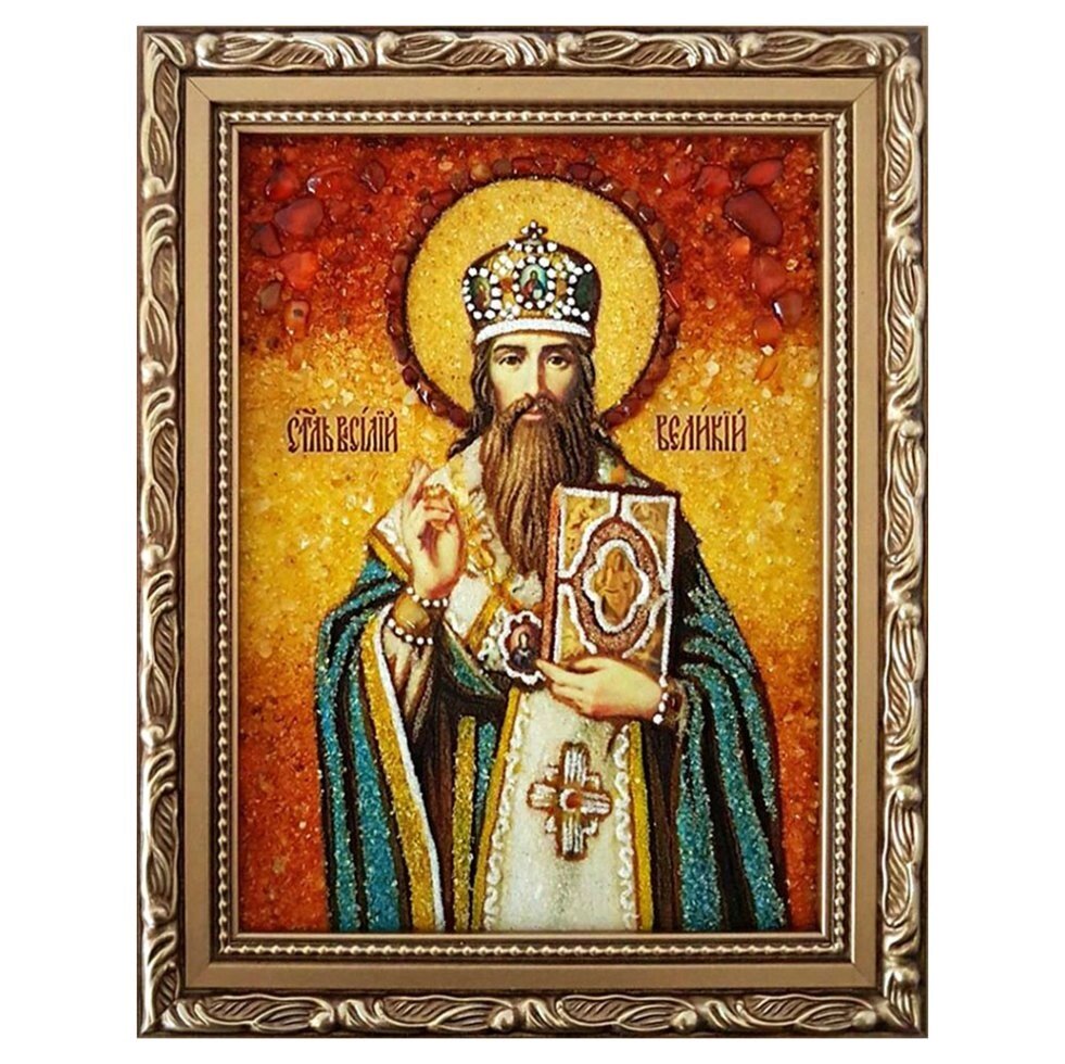 Ікона з бурштину Святитель Василь Великий 15x20 см від компанії Іконна лавка - фото 1