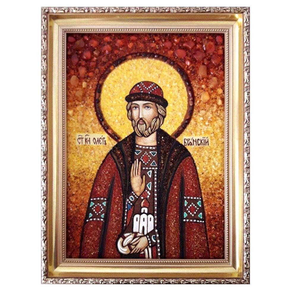 Ікона з бурштину Святий благовірний князь Олег Брянський 15x20 см від компанії Іконна лавка - фото 1