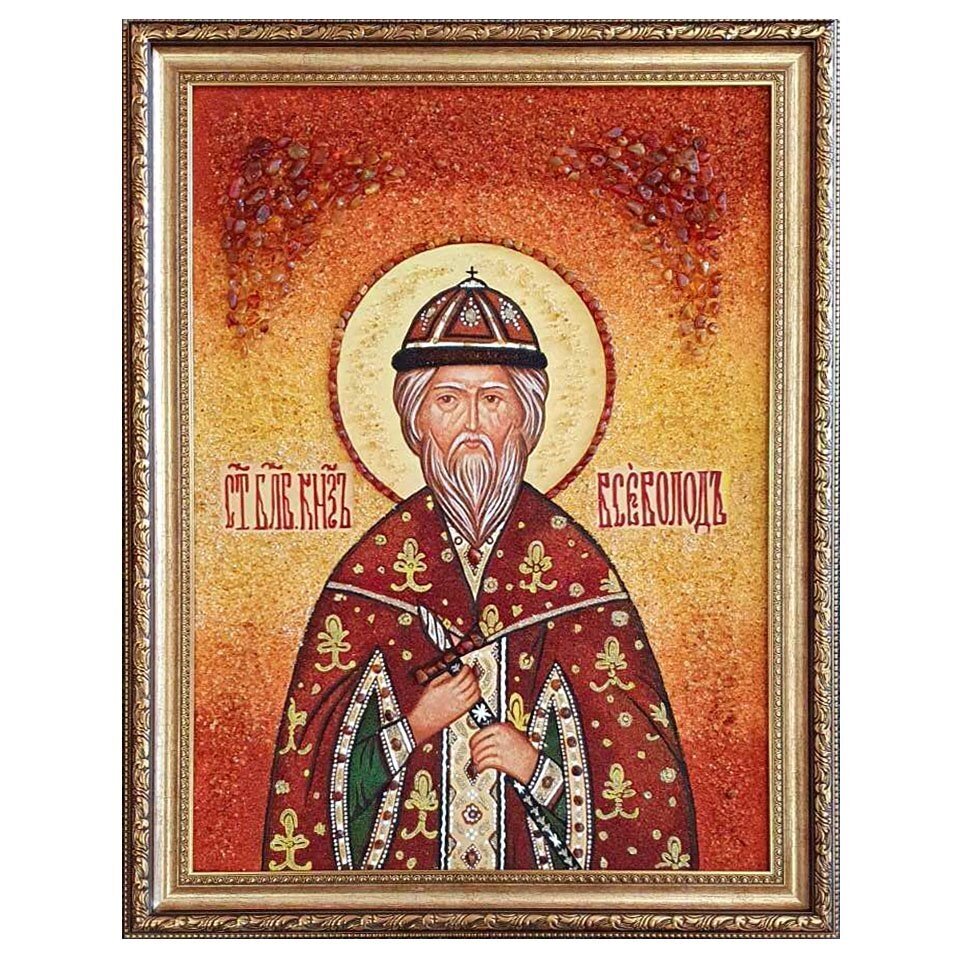 Ікона з бурштину "Святий благовірний князь Всеволод Псковський" 15x20 см від компанії Іконна лавка - фото 1