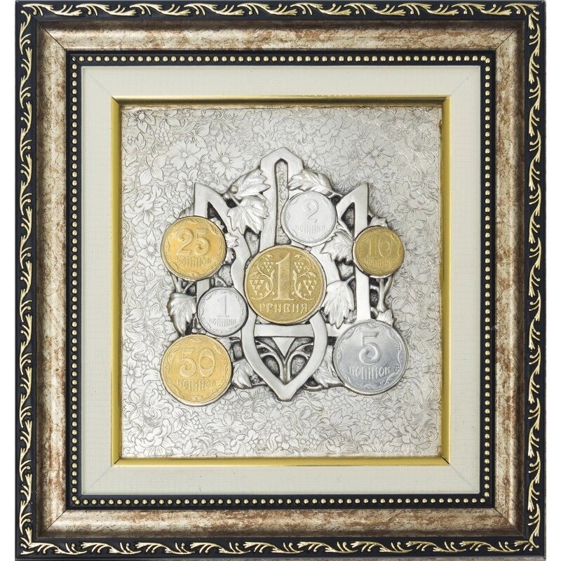 Колаж з срібла "Герб України" тризуб з монетами від компанії Іконна лавка - фото 1