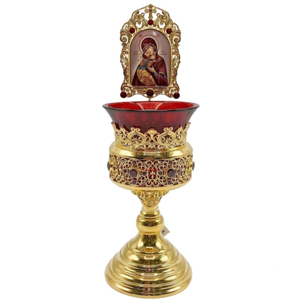 Лампада латунна в позолоті з емаллю і образом Пресвятої Богородиці від компанії Іконна лавка - фото 1