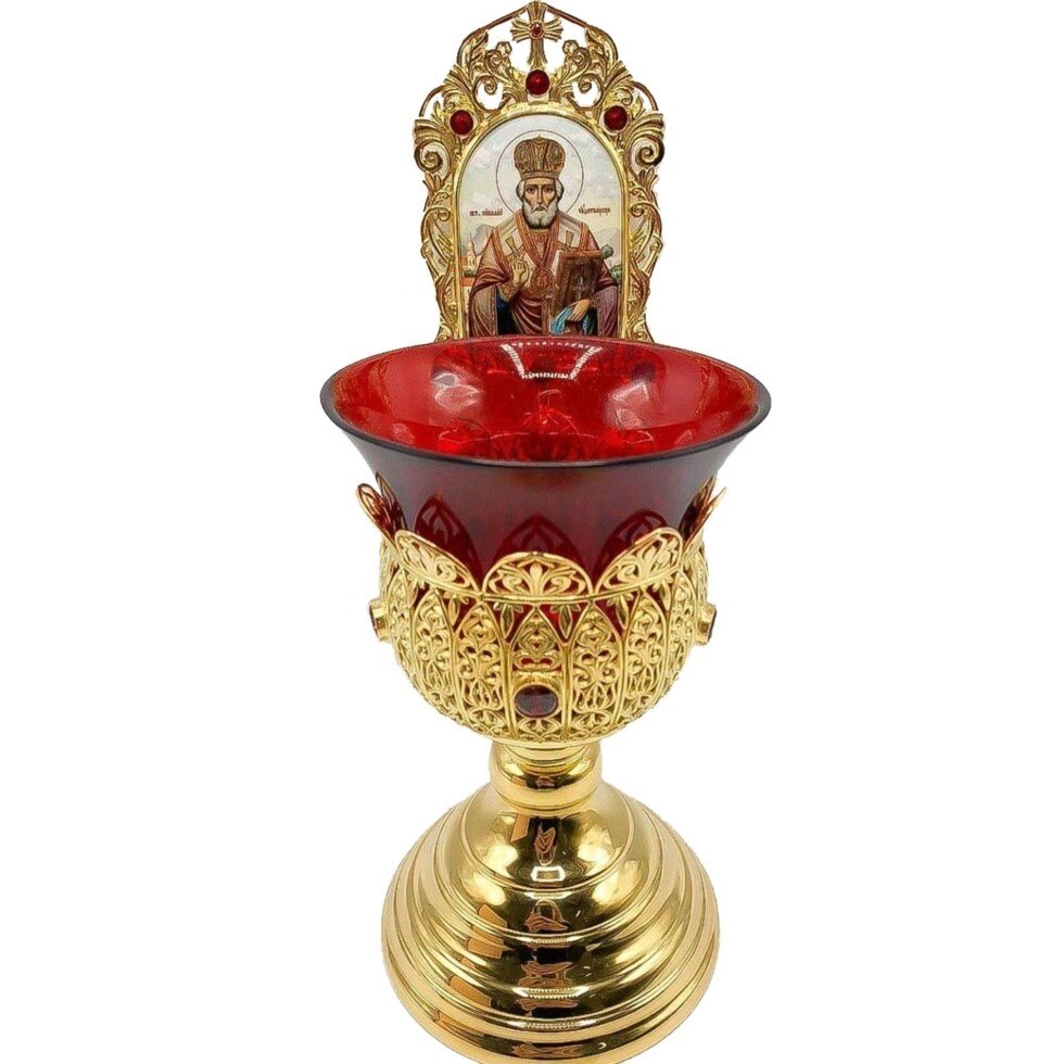 Лампада латунна в позолоті з емаллю і образом Святого Миколая від компанії Іконна лавка - фото 1