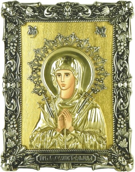 Литая ікона "Пресвята Богородиця Семистрільна" з сусальним золотом від компанії Іконна лавка - фото 1
