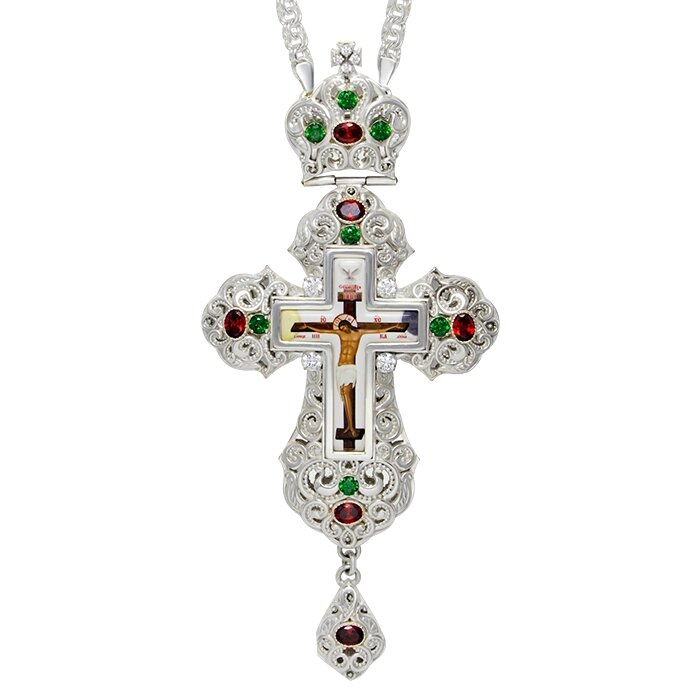 Наперсний хрест латунний в срібленні з прикрасами і ланцюгом 2.7.0201л від компанії Іконна лавка - фото 1