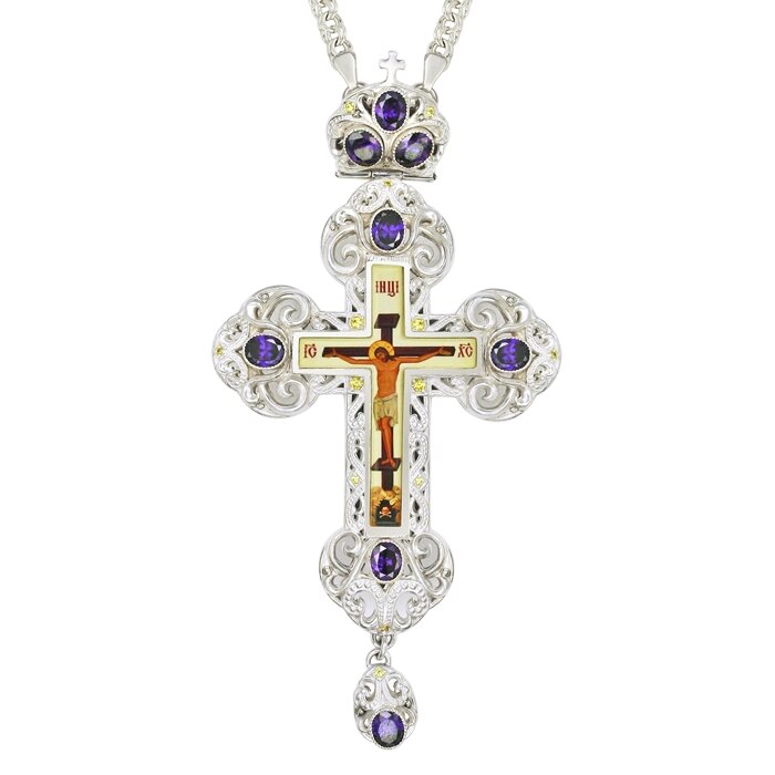 Наперсний хрест латунний з вставками в срібленні з ланцюгом 2.7.0201л від компанії Іконна лавка - фото 1