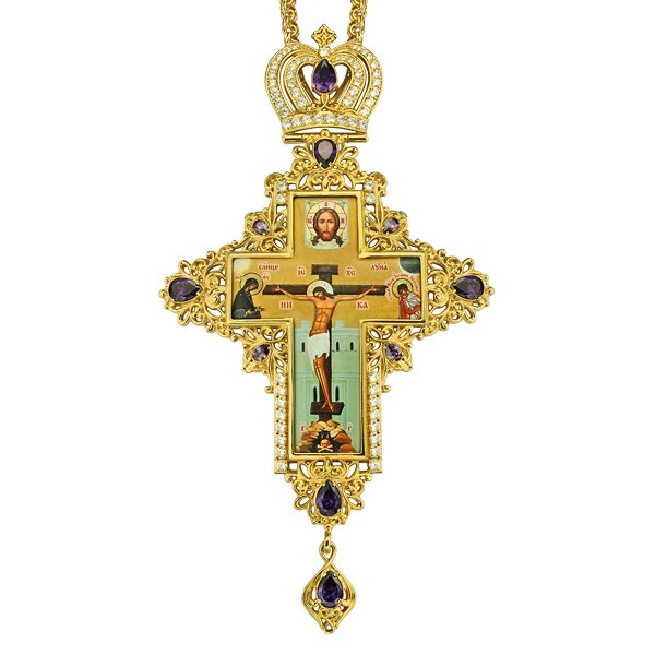 Наперсний хрест в позолоті з латуні з прикрасами і з ланцюгом 2.7.0201лп від компанії Іконна лавка - фото 1