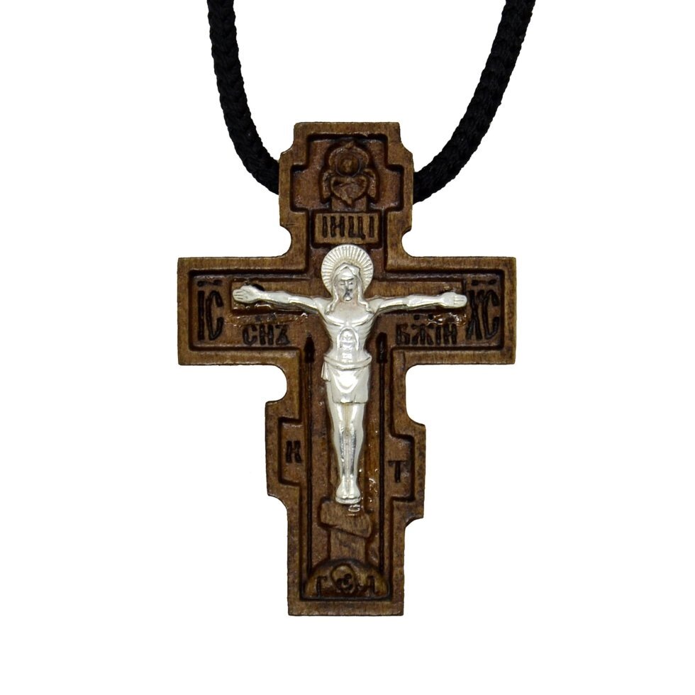 Натільний дерев'яний хрест малий зі срібним розп'яттям від компанії Іконна лавка - фото 1