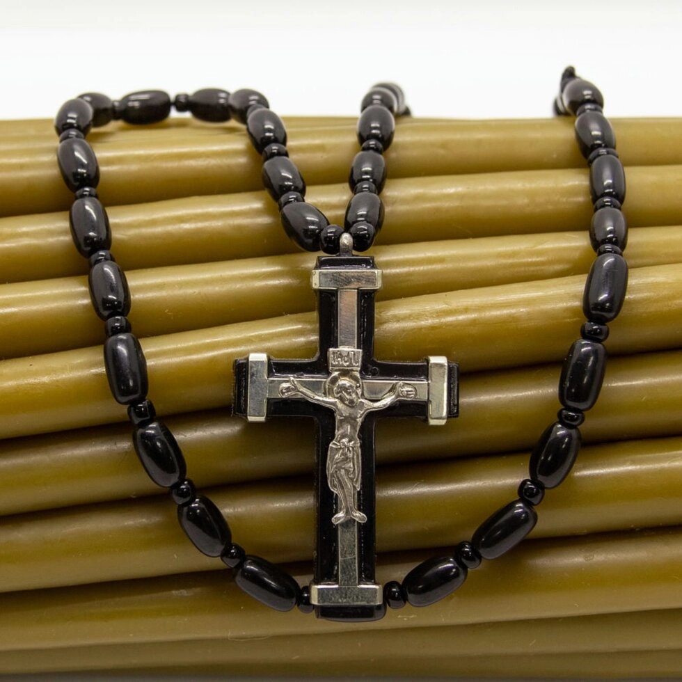 Натільний хрест із гагату з ланцюжком від компанії Іконна лавка - фото 1