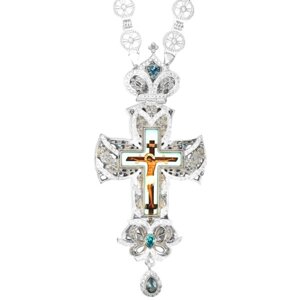 Хрест для священнослужителя срібний зі вставками, латунним принтом та ланцюгом