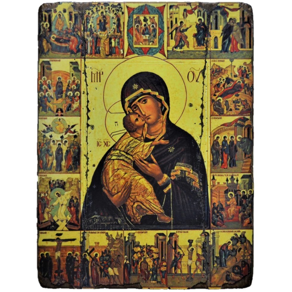 Ікона Богородиця Володимирська з житієм під старовину 30х20 см - наявність