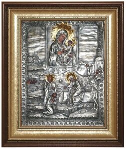 Ікона "Богоматір Тихвінська із зображенням явища Пресвятої Богородиці паламарю Георгію" зі срібла