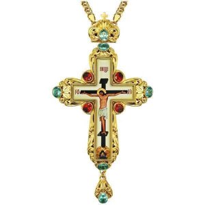 Хрест для священнослужителя латунний із вставками позолочений з принтом та ланцюгом