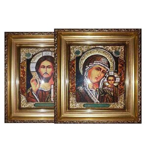 Венчальная пара из янтаря "Спаситель и Казанская Богородица" 15х20 см