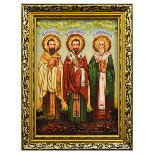 Ікона з бурштину "Святі Василій Великий, Іоанн Златоуст, Григорій Богослов" 15x20 см