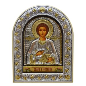 Ікона "Святий Пантелеймон" грецька на шкіряній основі коричнева 16х21см