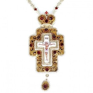 Хрест для священнослужителя срібний зі вставками, фініфтевим розп'яттям та ланцюгом