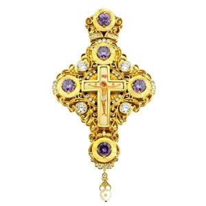 Хрест для священнослужителя латунний позолочений з принтом та вставками